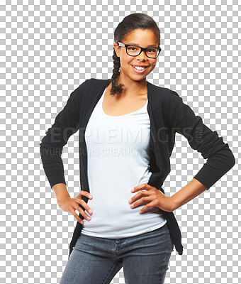 Buy stock photo Hands on hips, girl and portrait with a smile for happiness and focus on education or goals. Black woman, glasses and teenager excited for future or success on isolated, transparent or png background