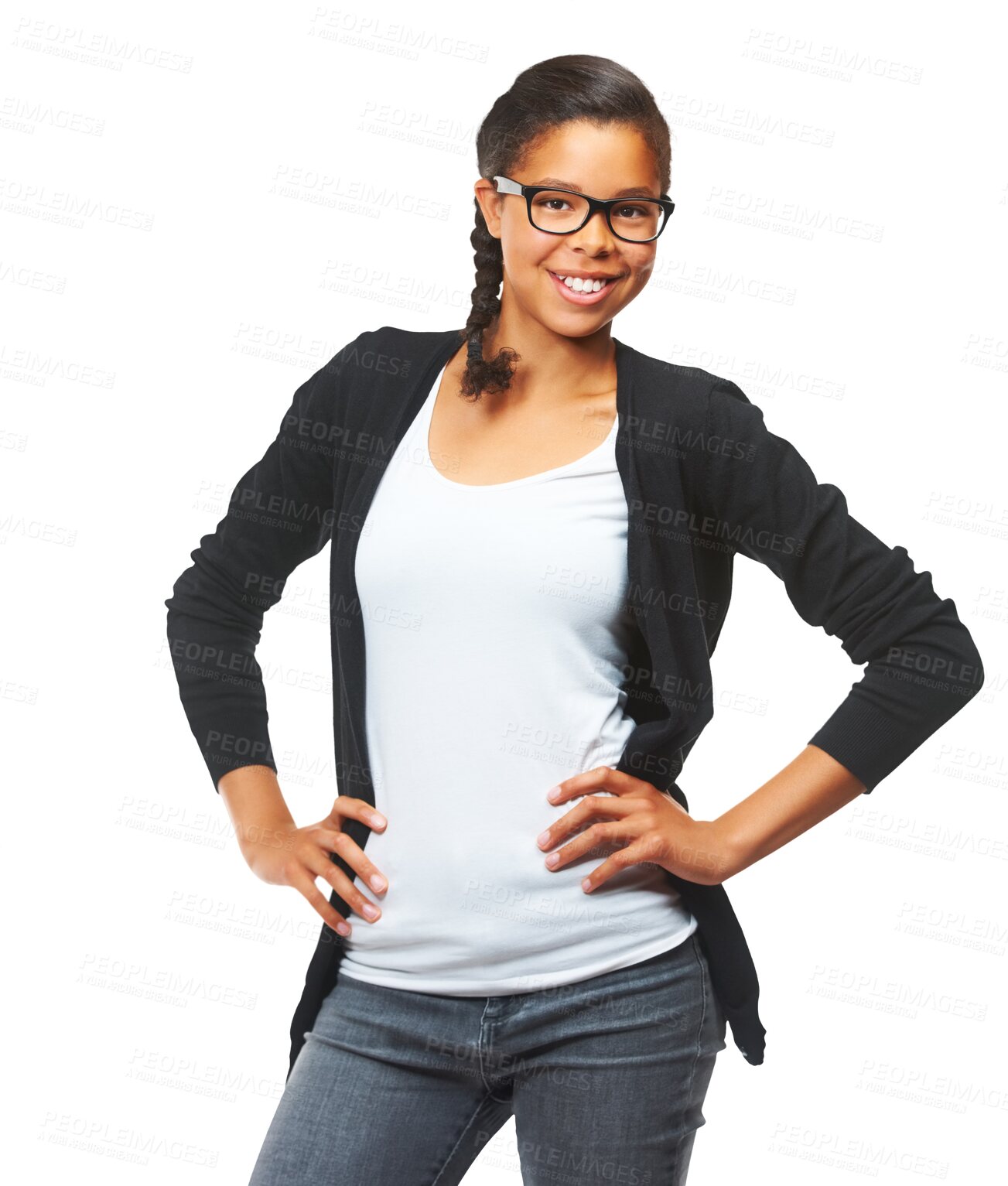 Buy stock photo Hands on hips, girl and portrait with a smile for happiness and focus on education or goals. Black woman, glasses and teenager excited for future or success on isolated, transparent or png background