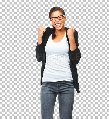 Buy stock photo Winner, yes and excited or happy woman isolated on transparent png background for education, results or news. Success, celebration and fist or hands cheers of person or student celebrate in college 