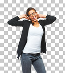 Girl student, studio and silly dance with smile, focus and funny time by for success.  black woman, glasses and isolated for comic laughing, development or future education goal isolated on a png background