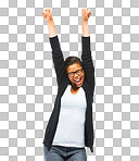 Winner, achievement and woman in celebration in a studio with excitement, happiness or goal. Happy, winner and excited female model or student with glasses celebrating isolated on a png background