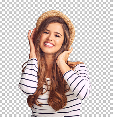 Buy stock photo Woman, portrait and smile with beauty or hat in png with transparent isolated background in italy. Face, happiness and travel for wellness or adventure or vacation with hair or cosmetic or skincare.