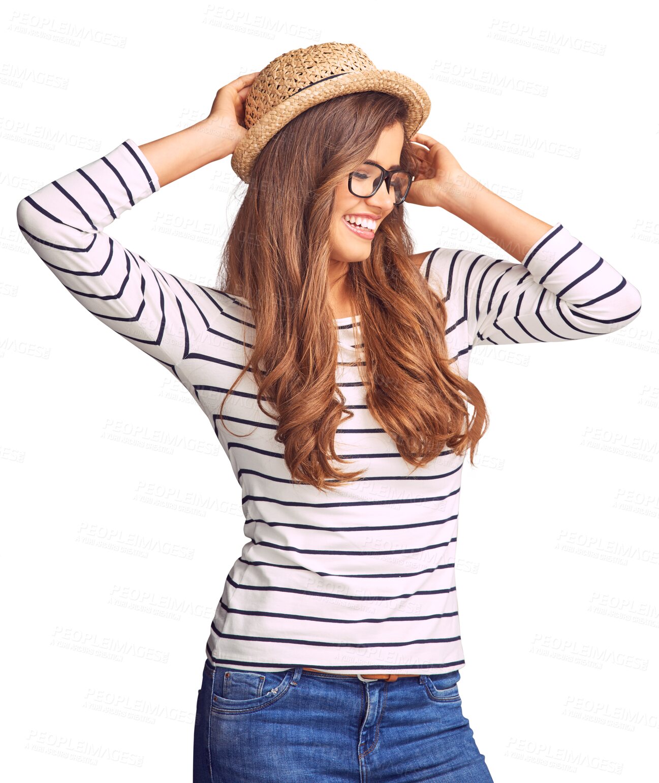 Buy stock photo Fashion, woman with smile isolated and against a transparent png background for trendy clothes. Casual or confident, cheerful and happy or excited female person pose for health wellness smiling