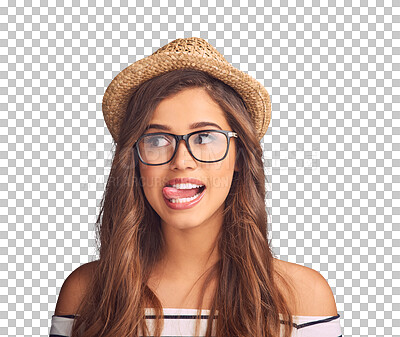 Buy stock photo Isolated young woman, glasses and tongue with funny face, thinking and hat by transparent png background. Girl, model and student with fashion, vision and comic playing with ideas, clothes or beauty