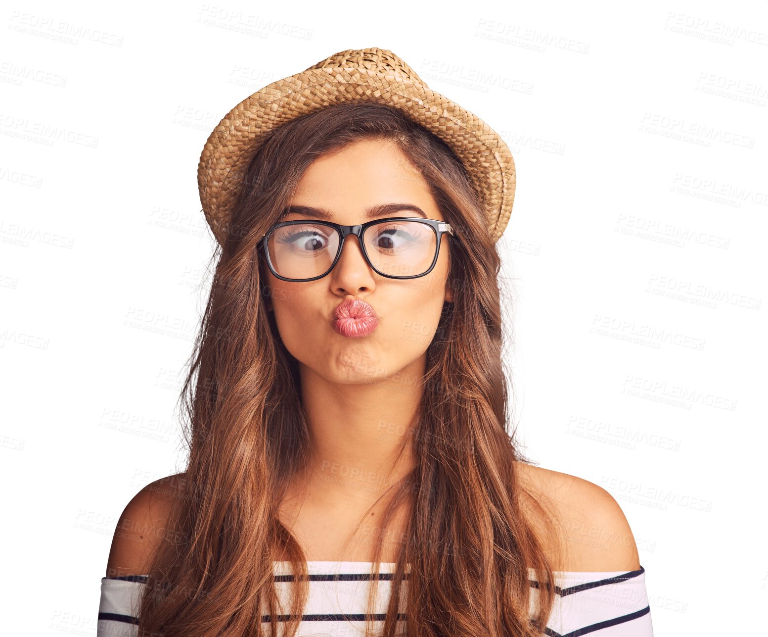 Buy stock photo Silly, goofy and young woman with a funny face with accessories and a comic expression. Crazy, comedy and beautiful hipster female model with glasses and hat isolated by a transparent png background.