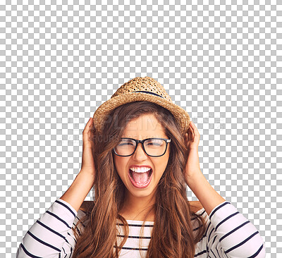 Buy stock photo Woman, screaming with hat and glasses excited, shocked and isolated on transparent png background. Wow, excitement and shouting, face of girl in holiday fashion and hands on head, surprise or shock 