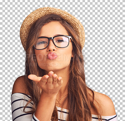 Buy stock photo Love, portrait and a woman blowing kiss with glasses isolated on a transparent png background. Happy, care and a young girl or model with a kissing gesture or blow for flirty and caring attitude