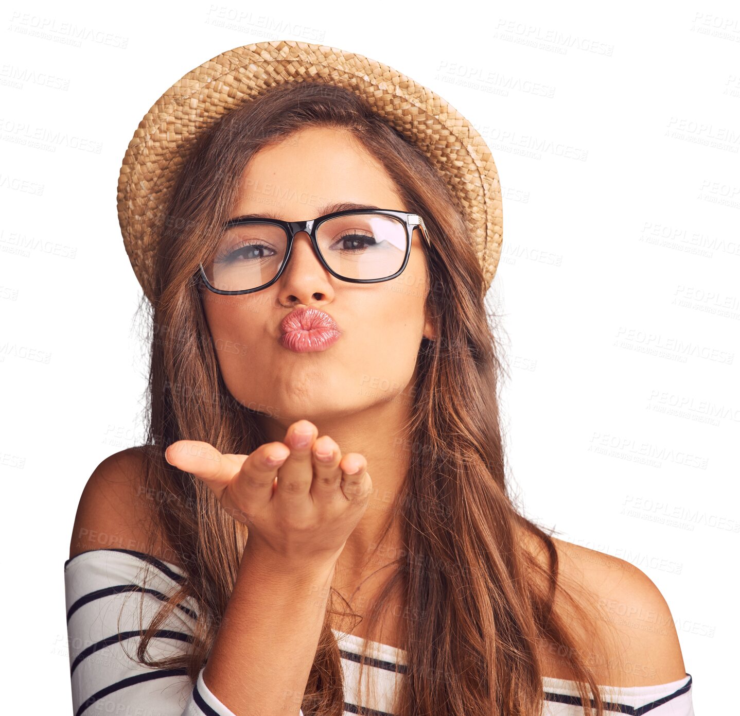 Buy stock photo Love, portrait and a woman blowing kiss with glasses isolated on a transparent png background. Happy, care and a young girl or model with a kissing gesture or blow for flirty and caring attitude