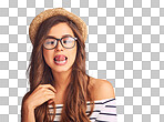 Studio shot of an attractive young woman playfully touching her nose with her tongue isolated on a png background