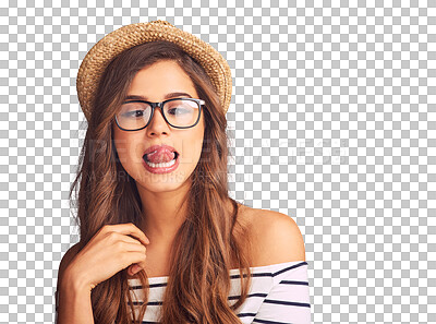 Buy stock photo Funny, woman with fun face isolated and against a transparent png background for comedy. Happiness or joke, positive gesture and female person with comic facial expression for entertainment.