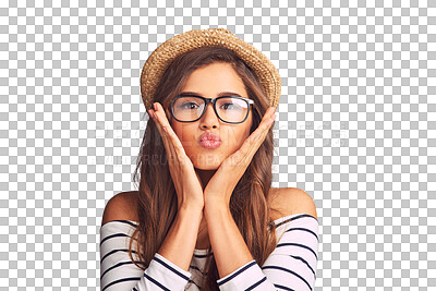 Buy stock photo Funny face, pout and portrait of a woman with glasses isolated on a transparent png background. Crazy, young and a model girl with a hat and fashion clothes while pouting for a kiss or expression