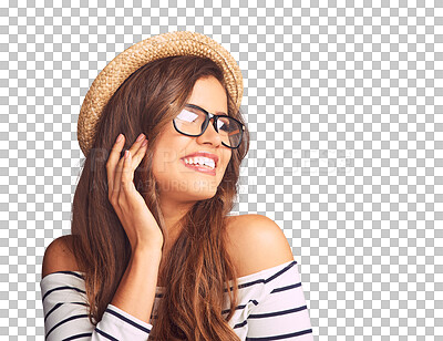 Buy stock photo Happiness, glasses and hat with woman with beauty in png with isolated transparent background with travel. Nerd, face and female person with frames and smile with for vision on vacation or travel.