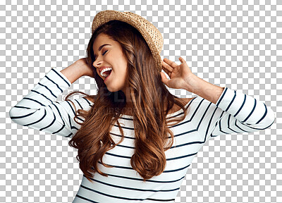 Buy stock photo Dance, happy and a woman with a hat and excited isolated on a transparent png background. Laughing, fun and a young playful girl model with fashion clothes, dancing and confidence while stylish