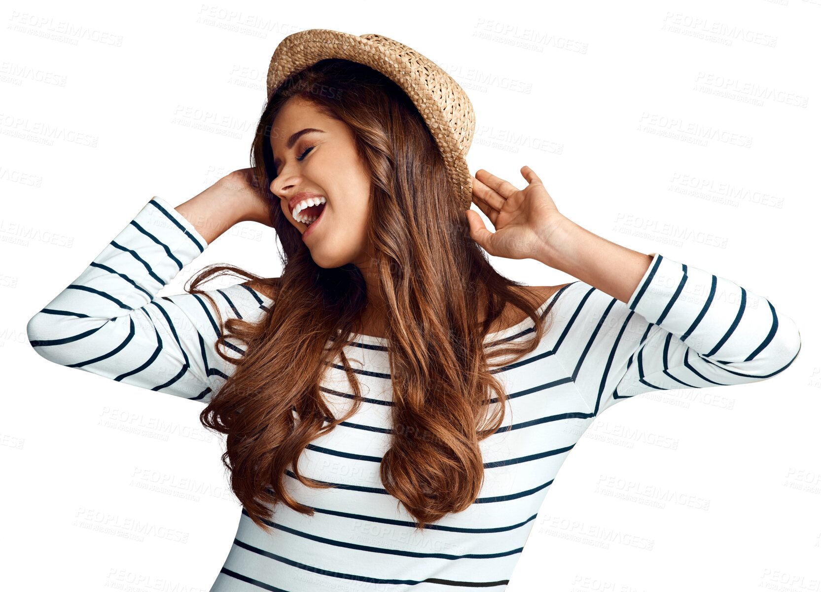 Buy stock photo Dance, happy and a woman with a hat and excited isolated on a transparent png background. Laughing, fun and a young playful girl model with fashion clothes, dancing and confidence while stylish