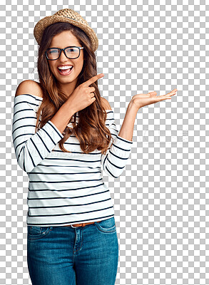 Buy stock photo Pointing, woman in glasses and face for fashion on mockup, space or isolated on transparent png background. Girl in a hat, happy and summer holiday, vacation or travel mock up of a hipster tourist