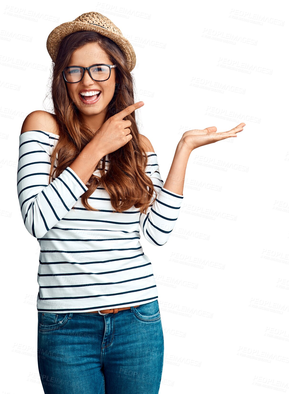 Buy stock photo Pointing, woman in glasses and face for fashion on mockup, space or isolated on transparent png background. Girl in a hat, happy and summer holiday, vacation or travel mock up of a hipster tourist