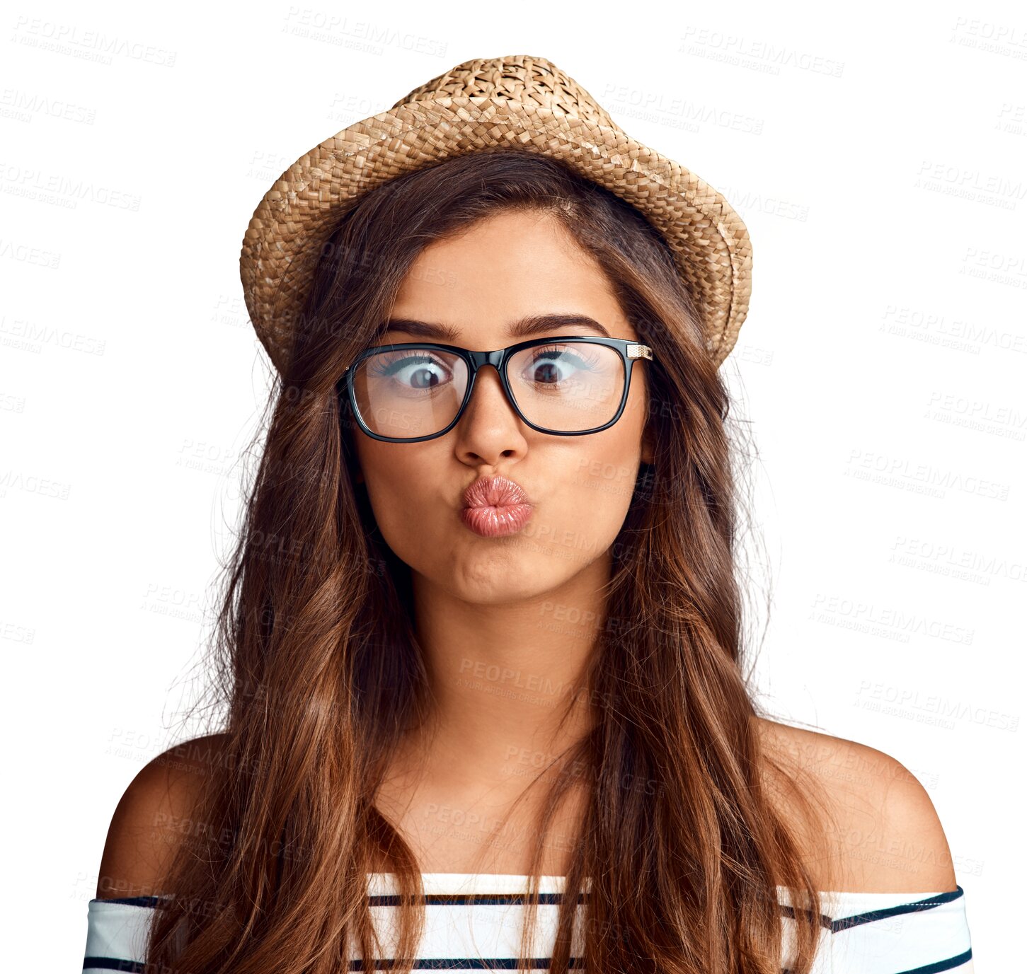 Buy stock photo Silly, funny and woman with a goofy expression with accessories and a comic face. Crazy, comedy and beautiful young female model with hipster glasses and hat isolated by a transparent png background.