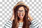 Studio portrait of an attractive young woman screaming against isolated on a png background