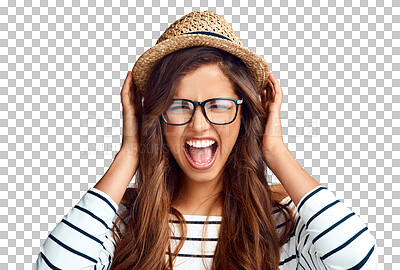 Buy stock photo Excited woman, screaming in hat and glasses, excited and shocked, isolated on transparent png background. Wow, excitement and shouting, girl in holiday fashion and hands on head, surprise or shock.