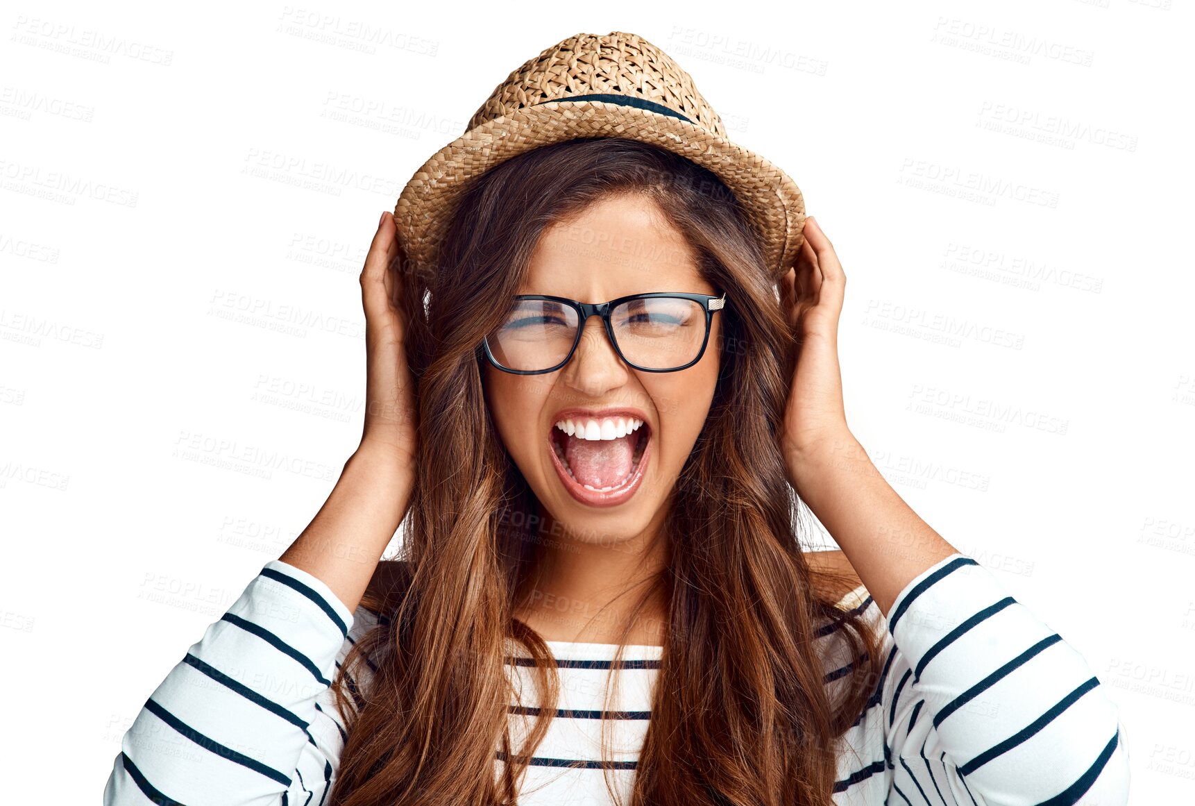 Buy stock photo Excited woman, screaming in hat and glasses, excited and shocked, isolated on transparent png background. Wow, excitement and shouting, girl in holiday fashion and hands on head, surprise or shock.