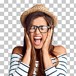 Studio portrait of an attractive young woman screaming against isolated on a png background