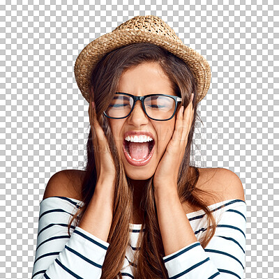 Buy stock photo Woman, screaming and excited with hat, glasses and shocked, isolated on transparent png background. Wow, travel excitement and shouting, girl in holiday fashion and hands on face in surprise or shock