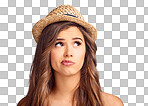 An attractive young woman looking unsure isolated on a png background 