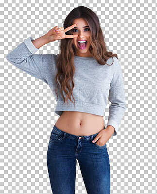 Buy stock photo Peace, portrait of a woman with a hand emoji isolated and happy against a transparent png background. Smile with pose, motivation and fashion female model with support sign for health wellness