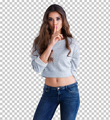 Buy stock photo Silent, portrait of a woman with her finger on lip isolated and against a transparent png background. Silence or quiet, confidential and female person standing with pose for no noise or secret