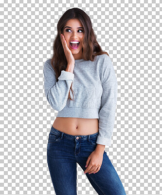 Buy stock photo Happy, shock and portrait of a woman with a fashion, trendy and casual stylish outfit. Surprise, smile and female model with cool style and omg or excited face isolated by transparent png background.