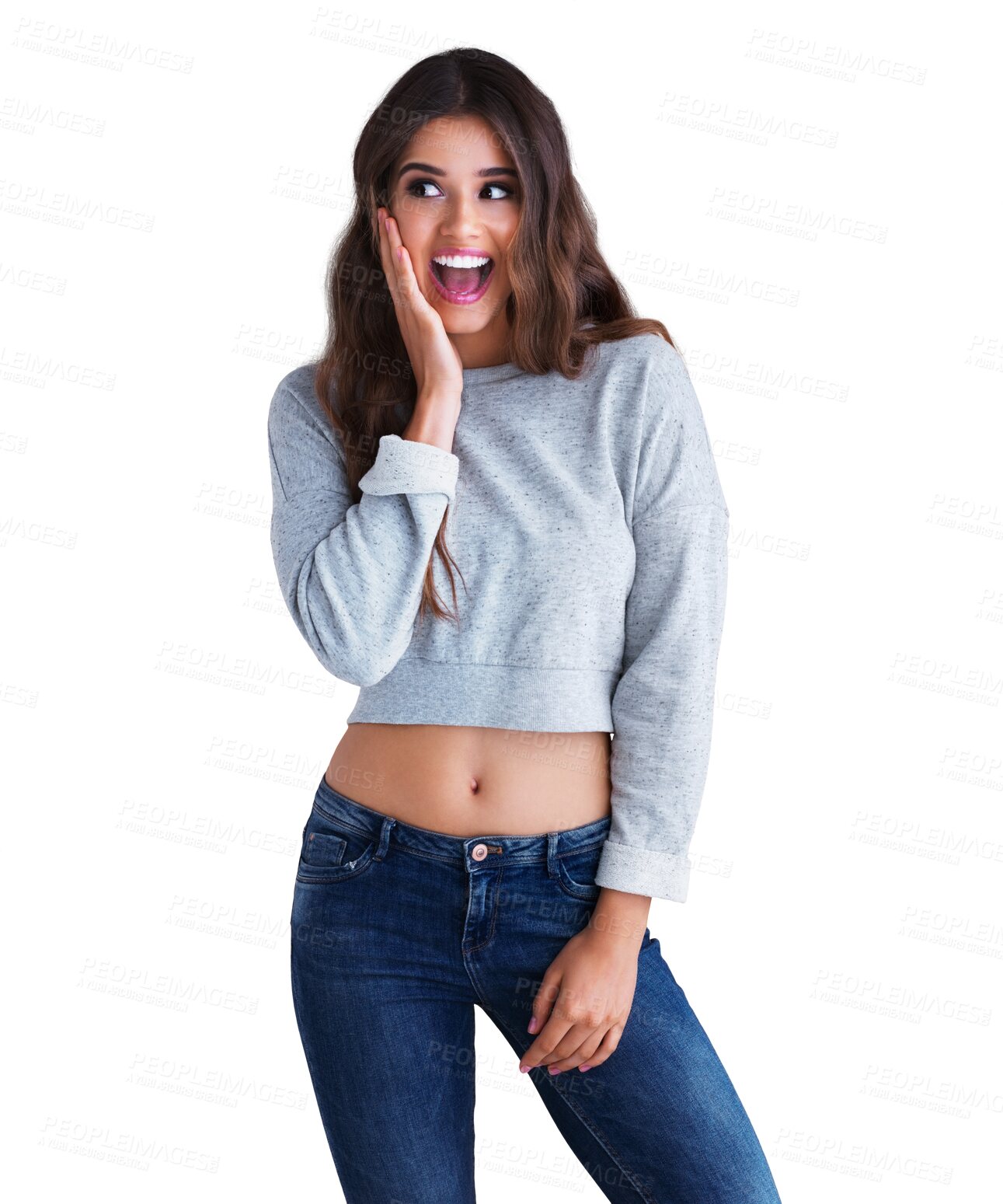 Buy stock photo Happy, shock and portrait of a woman with a fashion, trendy and casual stylish outfit. Surprise, smile and female model with cool style and omg or excited face isolated by transparent png background.