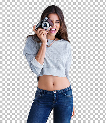 Buy stock photo Isolated woman, vintage camera and portrait for photography, excited face and transparent png background. Girl, professional photographer and retro tech for memory, smile and happiness for magazine