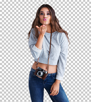 Buy stock photo Camera, portrait and woman blowing kiss with fashion, casual and trendy stylish outfit. Flirting, photography and young female photographer with flirty gesture isolated by transparent png background.