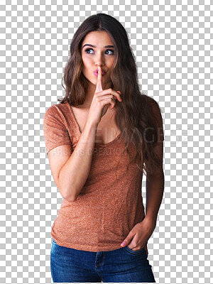 Buy stock photo Secret, finger on lips and woman thinking isolated on a transparent, png background for emoji. Young female model person with hand on mouth for confidential information, quiet or privacy and surprise