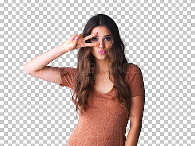 Buy stock photo Portrait of happy woman, kiss and peace sign hands, crazy celebration and isolated on transparent png background. Happiness, freedom and excited gen z girl in winning hand gesture, v symbol or emoji.