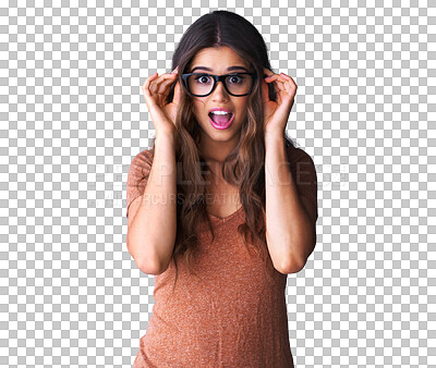 Buy stock photo Shocked, confused and woman portrait in glasses isolated on transparent png background for news, sale or vision test. Young person or model surprise, wow and face, eye care problem or announcement