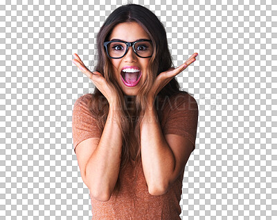 Buy stock photo Excited, wow and woman with hands on face isolated on a transparent, png background for emoji. Happy young female model person with mouth open for surprise, promotion deal or sale announcement