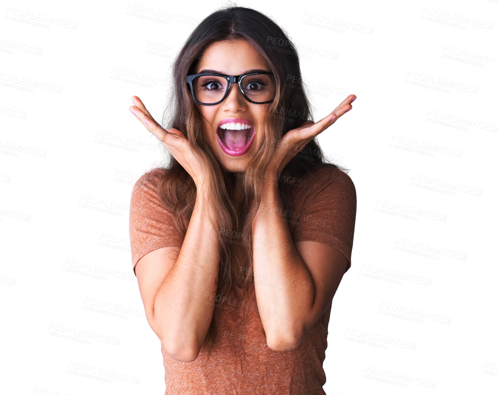 Buy stock photo Excited, wow and woman with hands on face isolated on a transparent, png background for emoji. Happy young female model person with mouth open for surprise, promotion deal or sale announcement