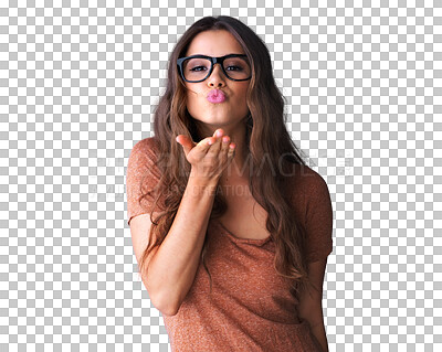 Buy stock photo Blowing kiss, love and portrait of a woman with glasses isolated on a transparent, png background. Young female model person from Australia with hand for flirting, kindness or support emoji or icon