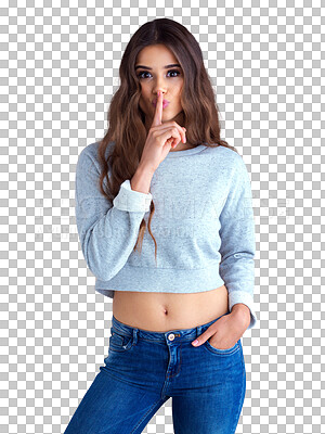 Buy stock photo Finger on lips, secret and portrait of a woman isolated on transparent, png background. Young female model person with hand on mouth for confidential, quiet or privacy for fashion or beauty surprise