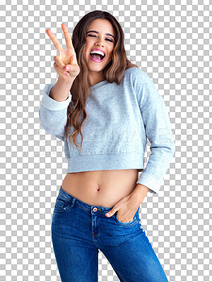 Buy stock photo Portrait of happy woman, jeans and peace sign hands, casual fashion and isolated on transparent png background. Happiness, denim and excited gen z girl with winning hand gesture, v symbol or emoji.