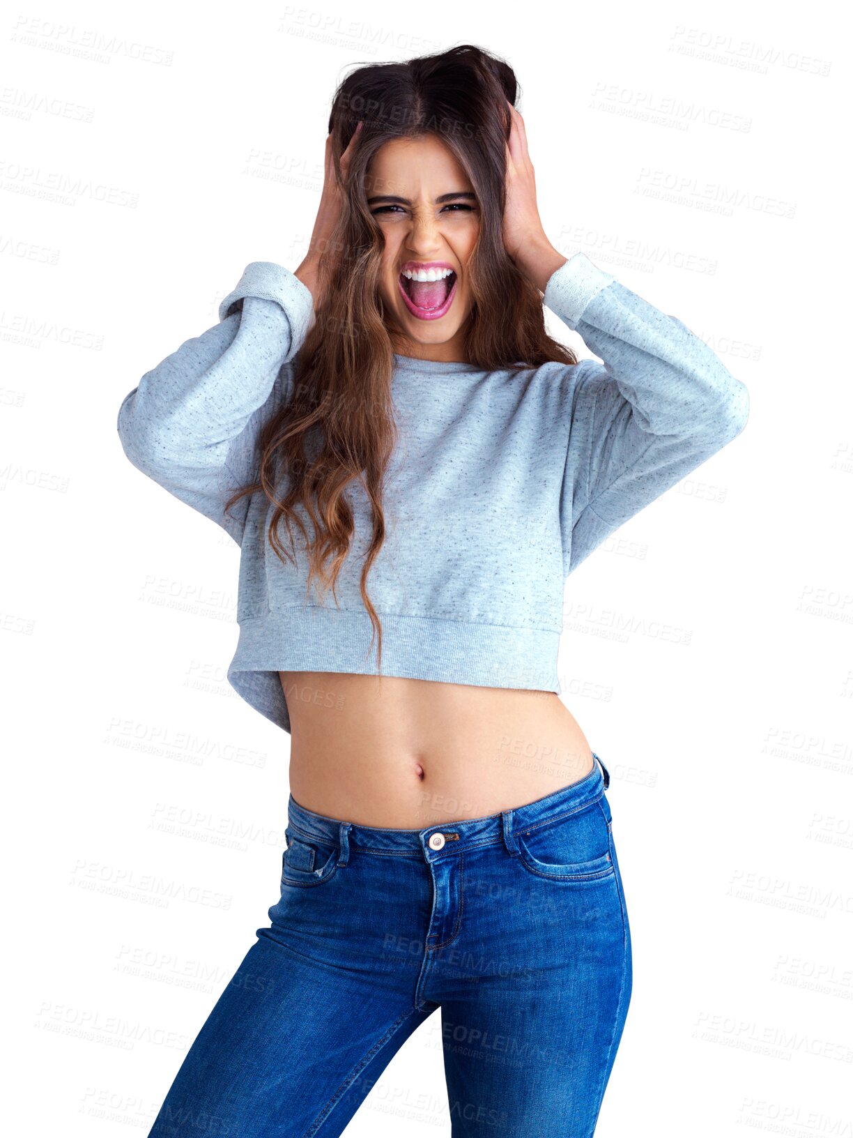 Buy stock photo Fashion, portrait and excited woman shouting isolated on a transparent png background. Happy, screaming person and fashionable female model from Australia posing in stylish, trendy or cool clothes.