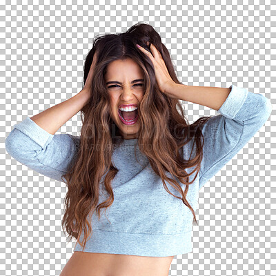 Buy stock photo Portrait, excited and woman with beauty, screaming and confident girl isolated against a transparent background. Face, female person and model shouting, funny and excitement with happiness and png