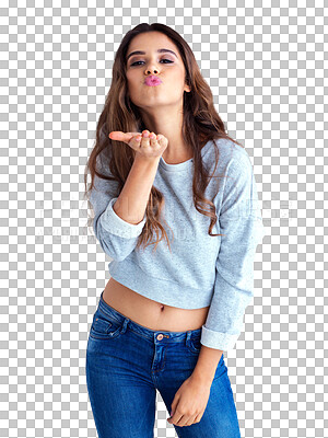 Buy stock photo Portrait, blowing air kiss and woman isolated on a transparent, png background for emoji. Young female model person with hand sign or icon for flirting, love and support or romance with pout and palm