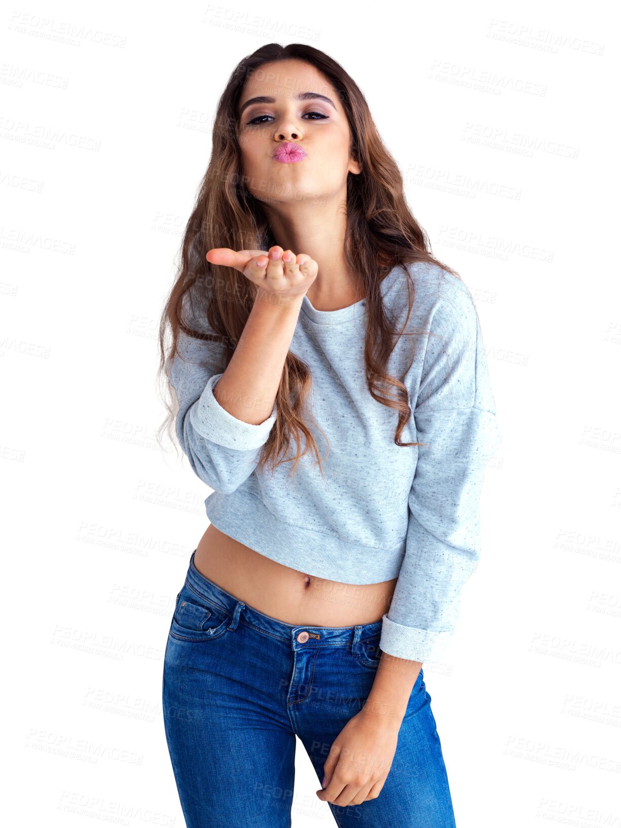 Buy stock photo Portrait, blowing air kiss and woman isolated on a transparent, png background for emoji. Young female model person with hand sign or icon for flirting, love and support or romance with pout and palm