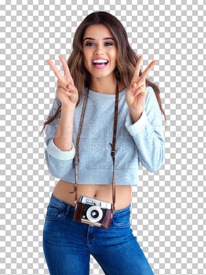 Buy stock photo Tourist woman, peace sign and retro camera in portrait, photography and transparent png background. Isolated girl, photographer and vintage tech for memory, holiday and journalist job for magazine