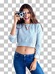 Studio shot of a beautiful young woman posing with a vintage camera against a isolated on a png background