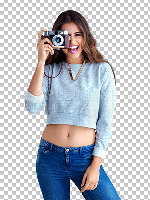 Buy stock photo Isolated woman, vintage photographer and camera in portrait, excited face and transparent png background. Girl, professional photography and retro tech for memory, smile and happiness for magazine