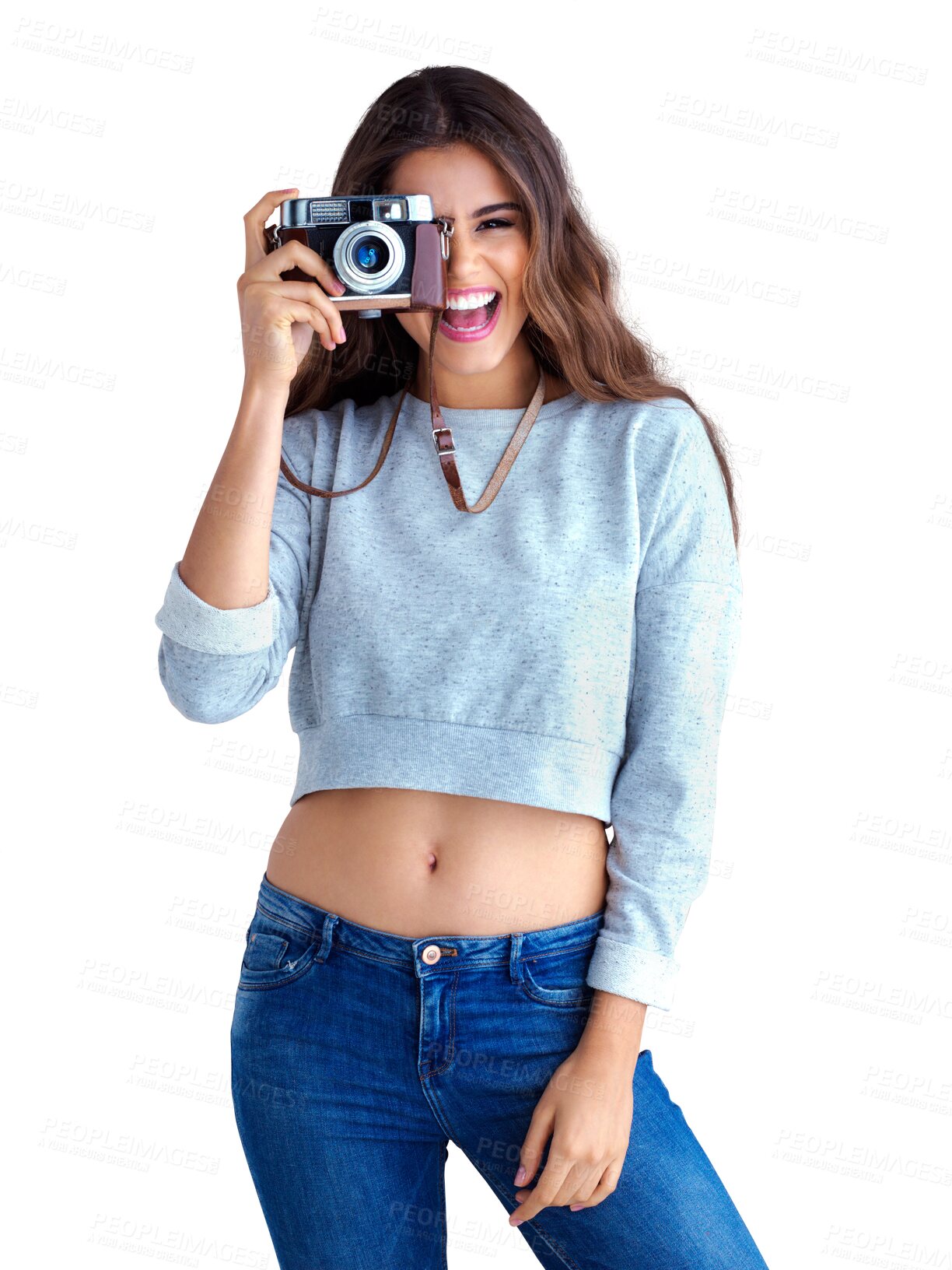 Buy stock photo Isolated woman, vintage photographer and camera in portrait, excited face and transparent png background. Girl, professional photography and retro tech for memory, smile and happiness for magazine