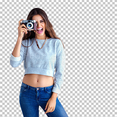 Buy stock photo Isolated woman, retro camera and portrait for photographer, excited face and transparent png background. Girl, professional photography and vintage tech for memory, smile and happiness for magazine